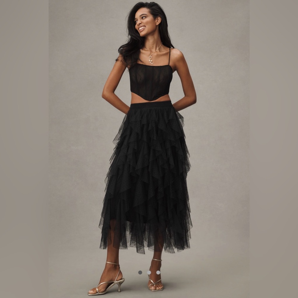 The Chéri Black Ruffled Tulle Midi Skirt by Anthropologie, Size S